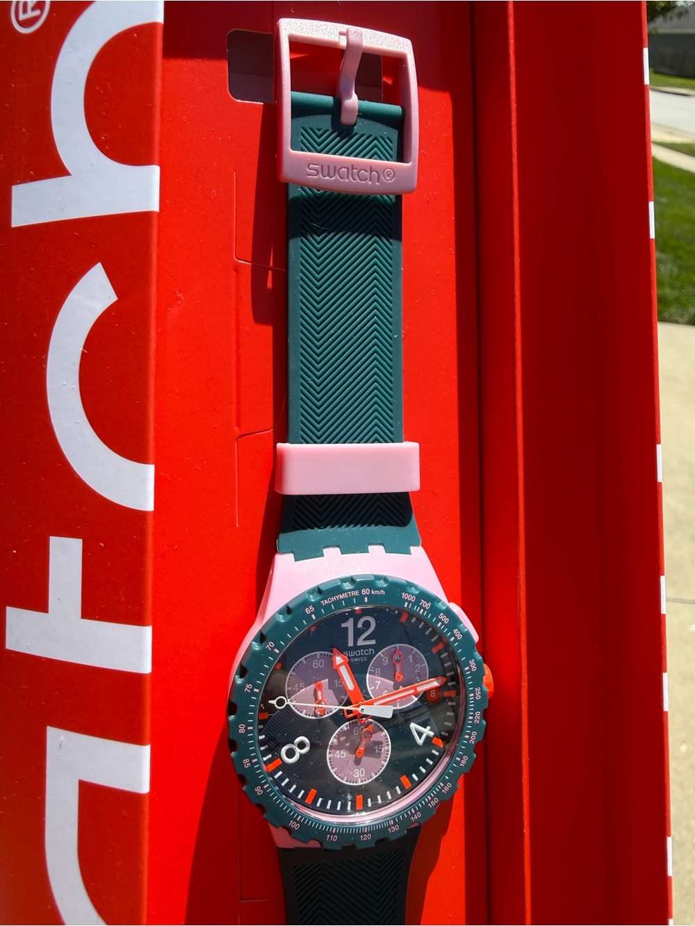 Swatch Green Silicone Strap Watch with Pink Case and Red Dial Accents - Picture 3 of 5